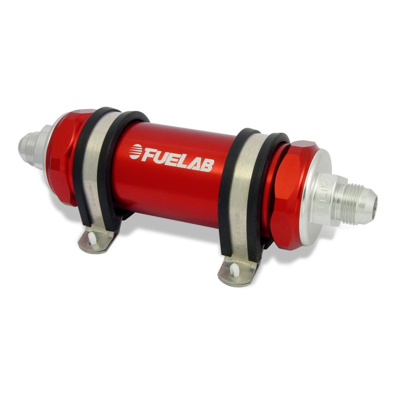 Fuelab 828 In-Line Fuel Filter Long -10AN In/-12AN Out 10 Micron Fabric – Red