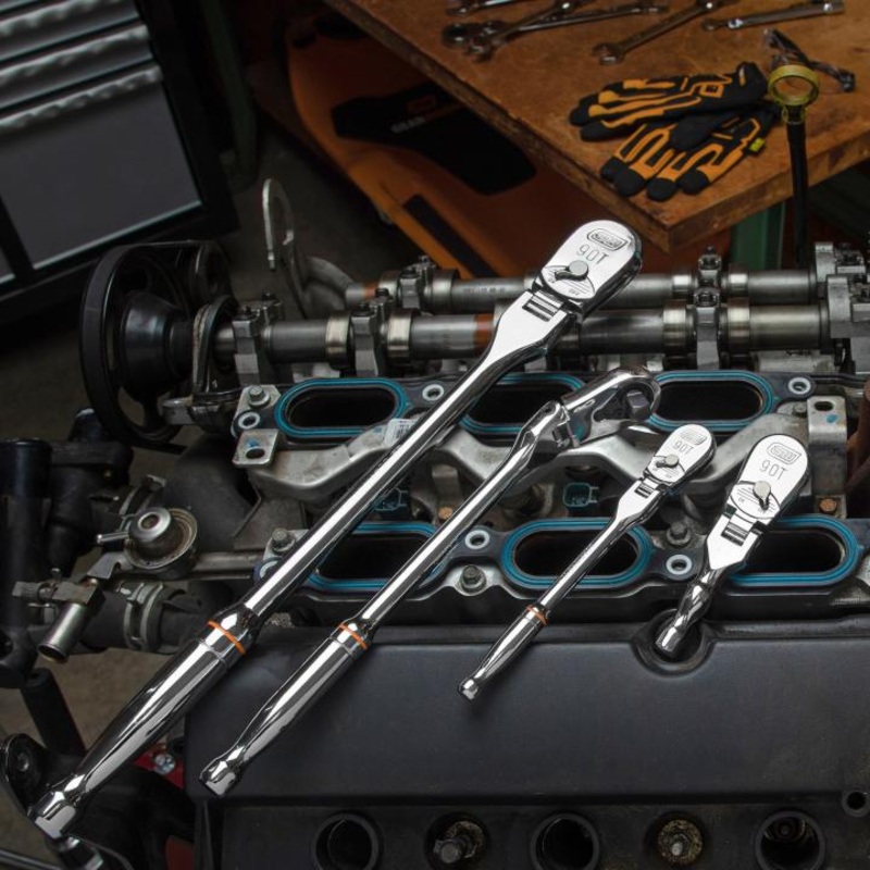 Gearwrench 4 Piece 1/4″, 3/8″, & 1/2″ Drive 90-Tooth Flex Head Teardrop Ratchet Set | 81230T