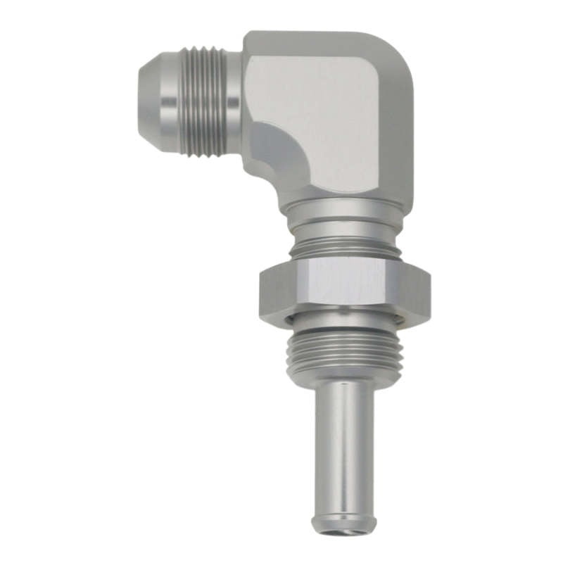 DeatschWerks 8AN Male Flare to 90-Degree 3/8in Single Hose Barb – Anodized DW Titanium