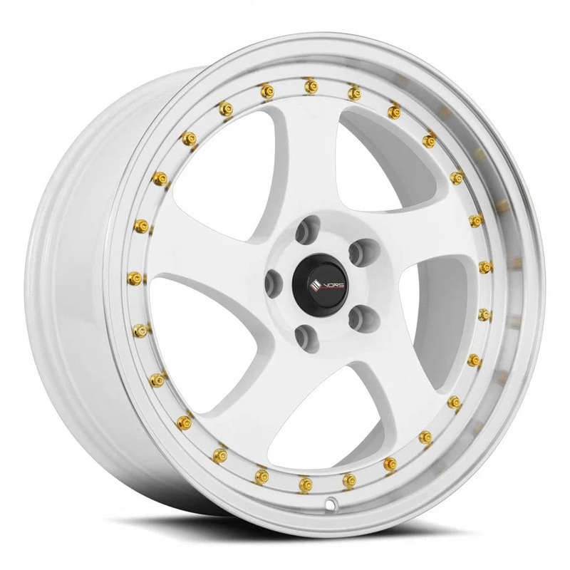 VORS VR2 18″ 5×114.3 White Machine Lip Gold Rivet