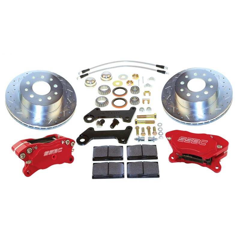 American Made Comp S 4-Piston Billet Aluminum Front Drum to Disc Brake Conversion Kit W/DS Rotors. Red W123-25R