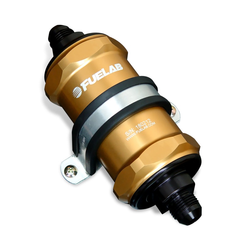 Fuelab 818 In-Line Fuel Filter Standard -12AN In/-10AN Out 6 Micron Fiberglass – Gold