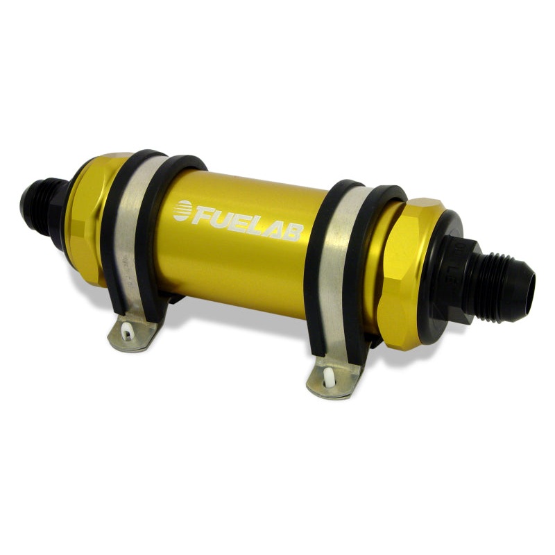 Fuelab 828 In-Line Fuel Filter Long -12AN In/-6AN Out 6 Micron Fiberglass – Gold