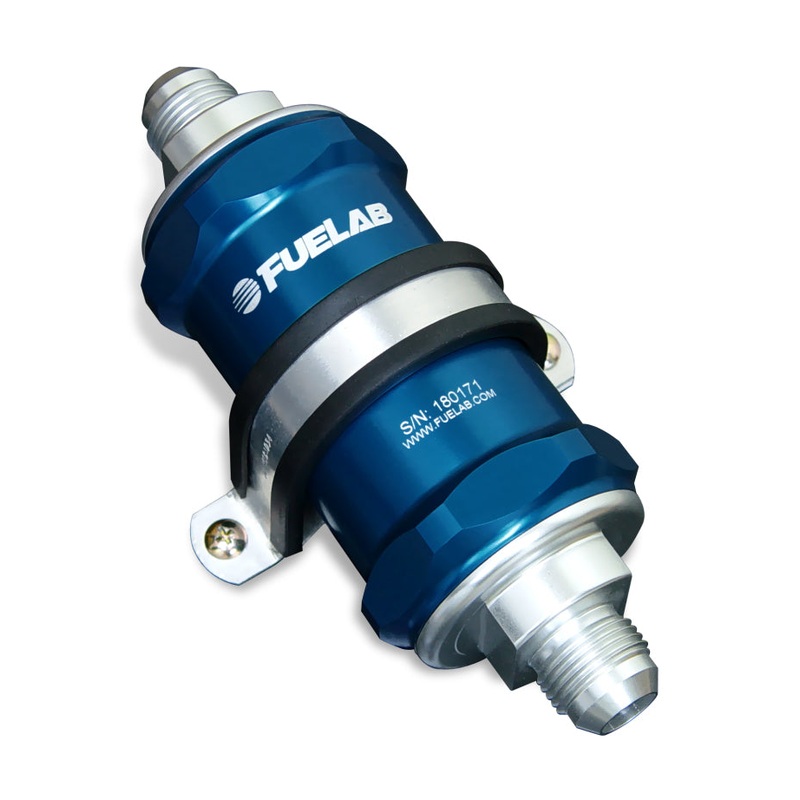 Fuelab 818 In-Line Fuel Filter Standard -12AN In/-8AN Out 100 Micron Stainless – Blue