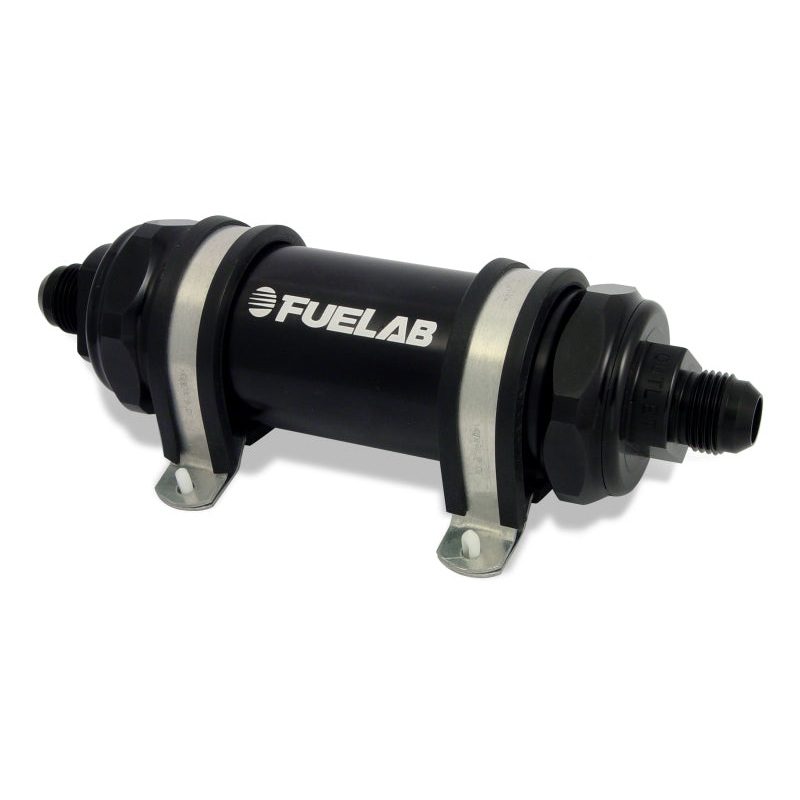 Fuelab 828 In-Line Fuel Filter Long -12AN In/Out 100 Micron Stainless – Black