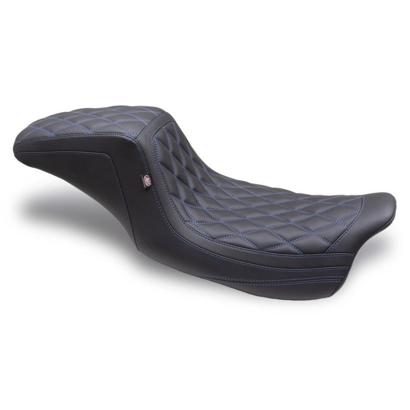 Mustang 08-24 HD FL Touring Double Diamond Squareback 1PC Seat – Black w/ Blue Stitching