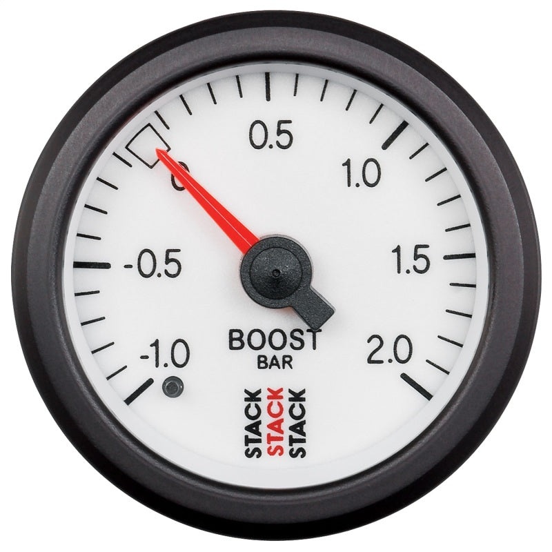 Autometer Stack 52mm -1 to +2 Bar T-Fitting 0.187in Barb (M) Mechanical Boost Pressure Gauge – White