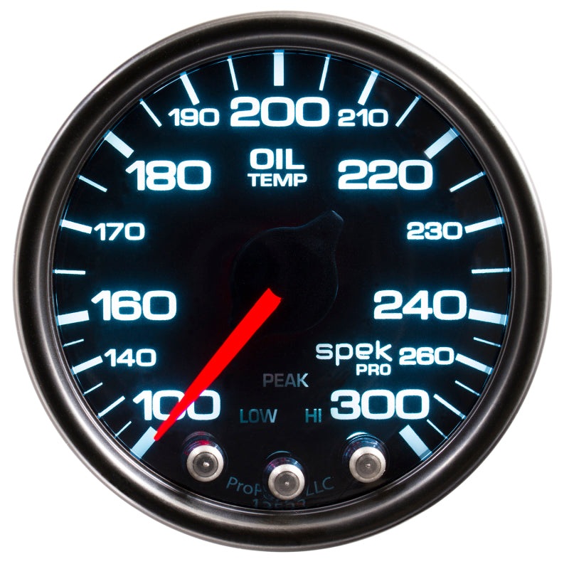 Autometer Spek-Pro Gauge Oil Temperature 2 1/16in 300f Stepper Motor W/Peak & Warn Black / Smoke/ Black Universal | P32252