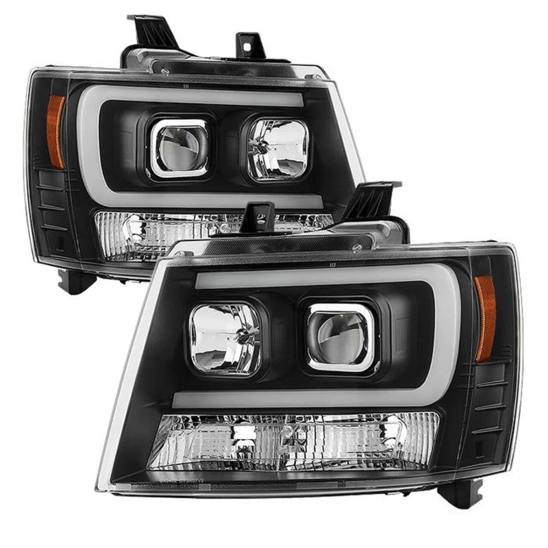 2007-2014 Chevy Suburban 1500/2500 / 2007-2014 Chevy Tahoe / 2007-2014 Avalanche Version 2 Projector Headlights – High H1 (Included) – Low H7 (Included) Light Bar DRL – Black