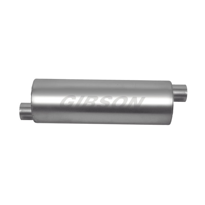 Gibson SFT Superflow Offset/Offset Round Muffler – 6x19in/2.5in Inlet/2.5in Outlet – Stainless
